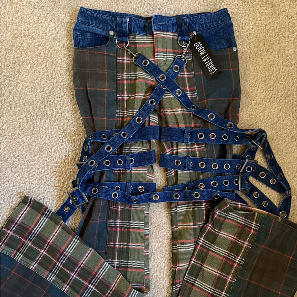 Dolls Kill Plaid Overalls with Denim Straps